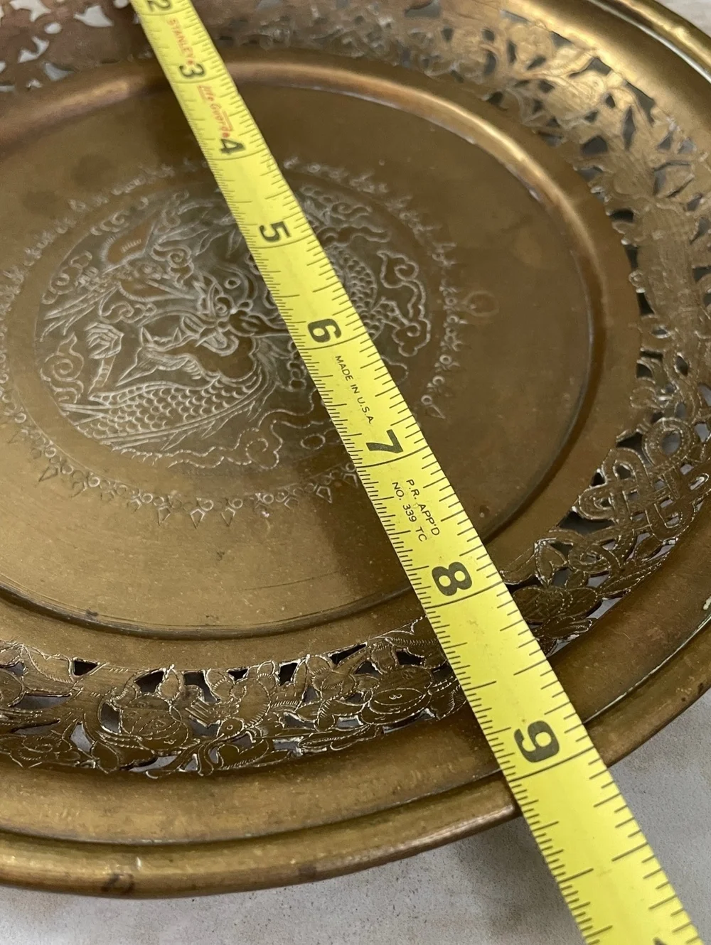 Vintage Solid Brass Dragon Decorative Plate | Engraved Pierced Openwork Rim